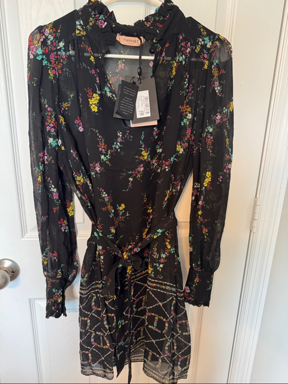 Twinset Milano NWT Floral Sheer Dress Black Long Sleeve Belted Romantic